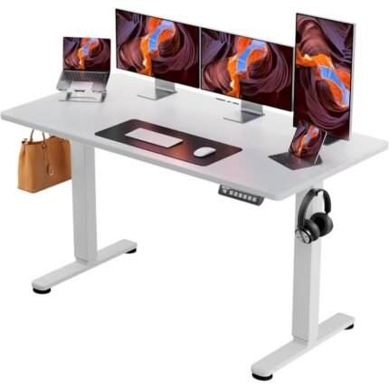 ErGear Height Adjustable Electric Standing Desk, 55 x 28 Inches Sit Stand up Desk, Large Memory Computer Home Office Desk with Two-Piece Desktop (White)