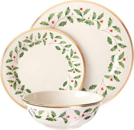 Lenox 883430 Holiday 3-piece place setting with red and green Christmas design, elegant festive dinnerware reviewed by Kiran Shahneel.