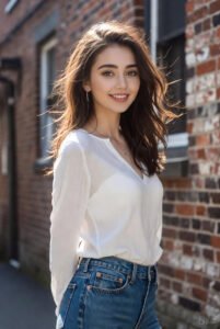 A realistic photo of a female model wearing Levi’s 318 Shaping Wide Leg Jeans in an urban setting, showcasing the jeans’ mid-rise and curve-friendly fit.